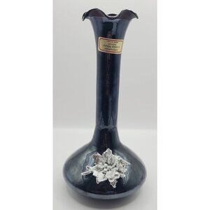 Murano Crystal Glass Vase With Silver Floral Accent 8 Inches Tall Black/Amethyst